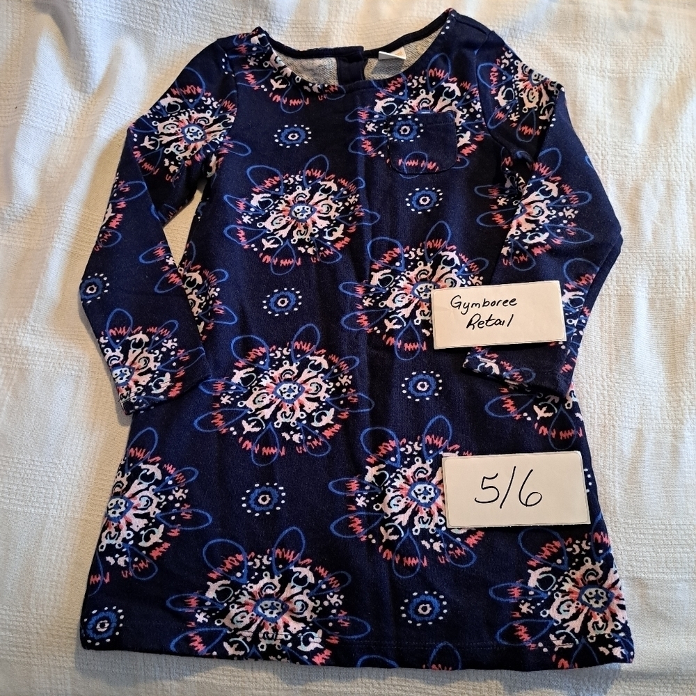 Gymboree girls size 5-6 navy blue dress with flower design, long sleeved